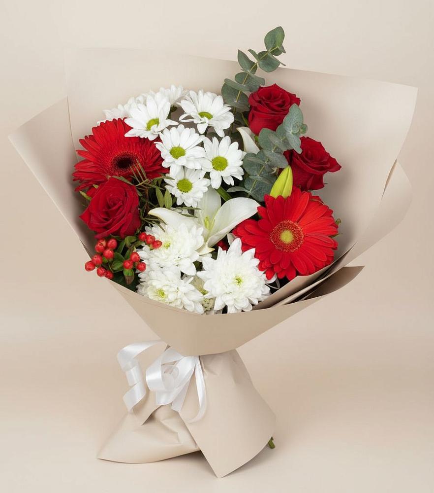 Букет цветов из: Розы, Хризантемы, Герберы и Лилии в Вознесенском
