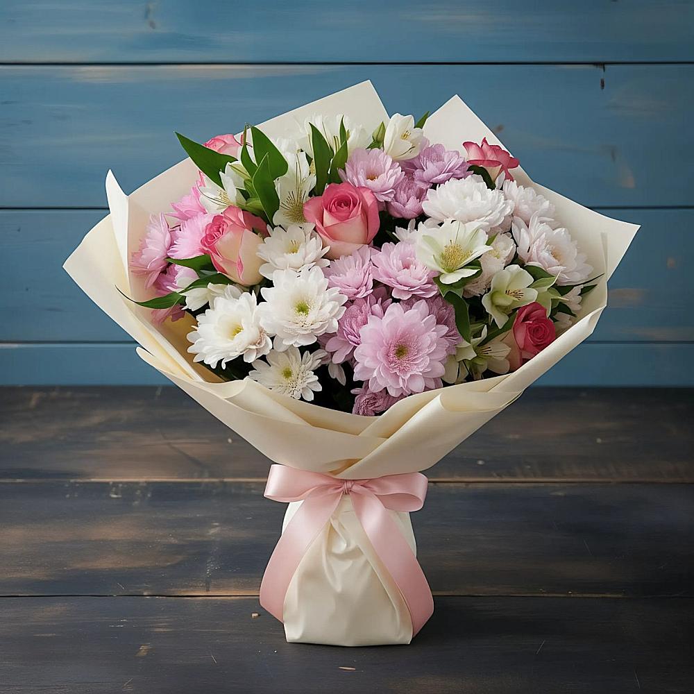 Букет цветов из: Хризантемы, Альстромерии и Розы в Вознесенском